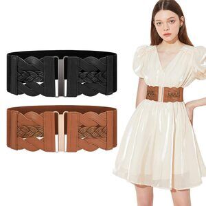 2 Pack Women Elastic Vintage Wide Waist Belt Stretchy Retro Waist Belt For🤍